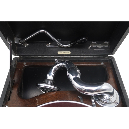 626 - A His Master's Voice portable picnic Gramophone Model 102, with Instructions, 29cm wide an... 