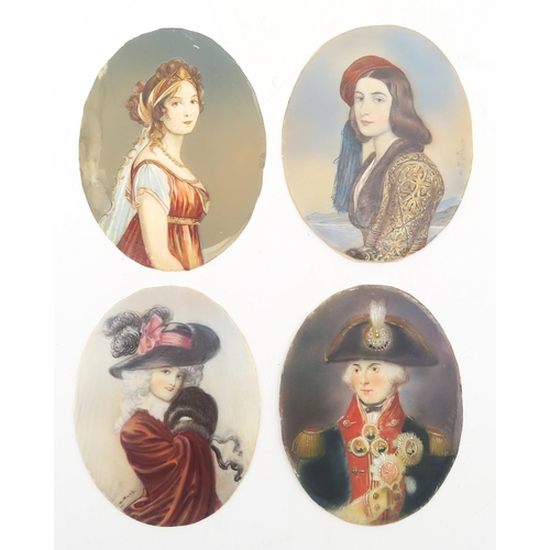 452 - Four portrait miniatures, each painted on ivory, depicting respectively Vice-Admiral Horatio Nelson,... 