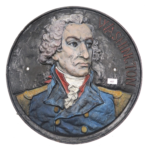 467 - A substantial cast iron roundel portrait plaque depicting American President George Washington, cast... 