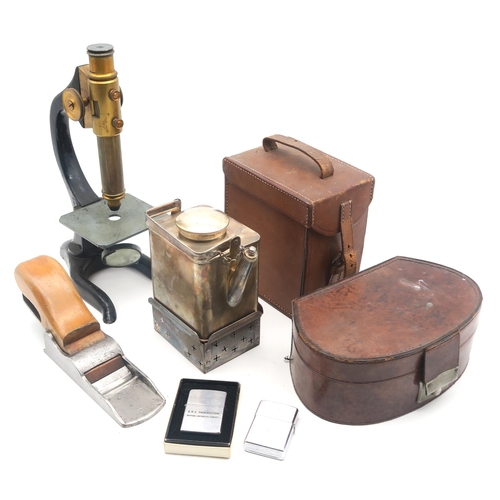 486 - A mixed lot, to include a leather cased travel kettle by Asprey of New Bond Street, a woodworking pl... 