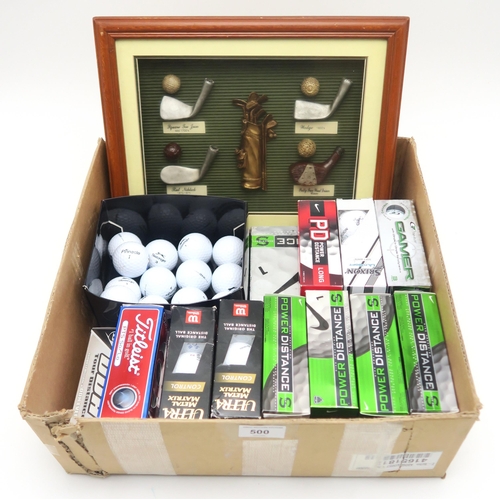 500 - A quantity of golf balls, including Nike, Dunlop, Titleist and Srixon; a framed golfing display; a q... 