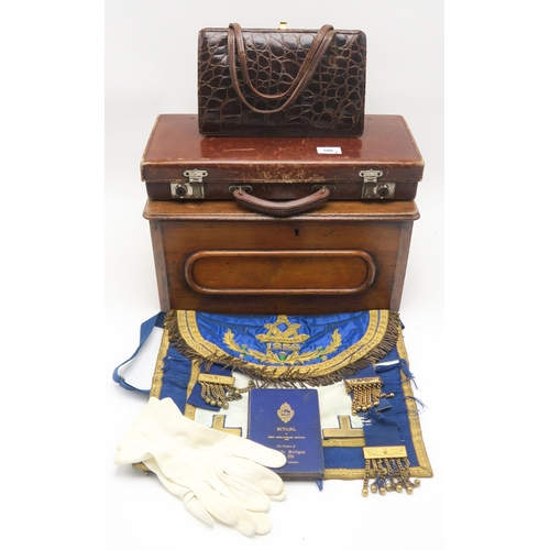 506 - A crocodile skin handbag, a brown leather attache case containing regalia for the No. 1259 Masonic L... 