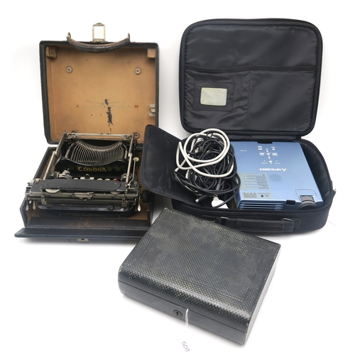 509 - Cased laboratory scales by Bunge of Hamburg, a Mitsubishi projector in soft case, a small Victorian ... 