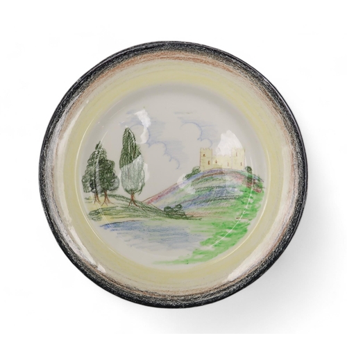 201 - A Clarice Cliff crayon series plate, decorated with a castle on a hill