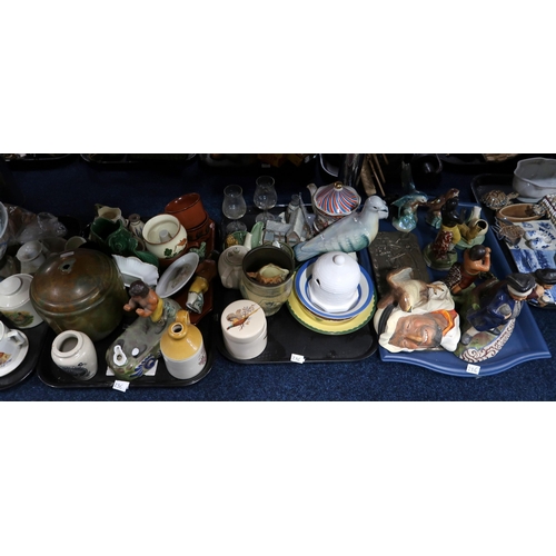 236 - Assorted pottery horse figures, ships in bottles, pink glass dressing table set, figures etc