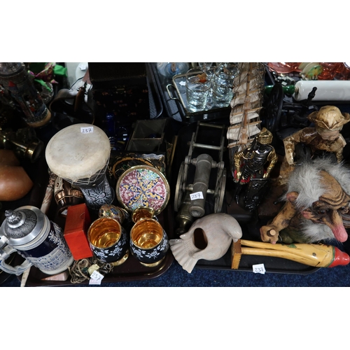 237 - Assorted brassware, model cannons, pottery, and assorted other decorative items