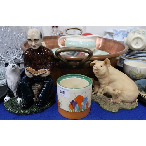 249 - A Clarice Cliff crocus preserve pot, a Coll Pottery figure of a man and a dog, Biofix flip book, cop... 