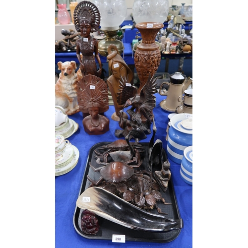 290 - Carved African figures, wooden crabs etc