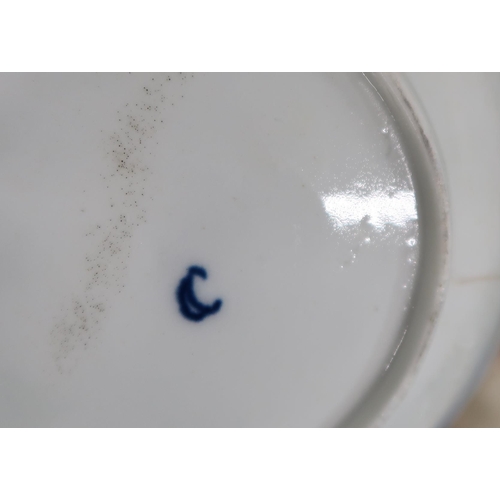 295 - A Dresden two handled cup, a Royal Worcester blue and white tea bowl and saucer, with crescent mark ... 