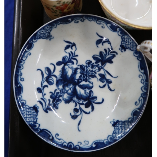 295 - A Dresden two handled cup, a Royal Worcester blue and white tea bowl and saucer, with crescent mark ... 