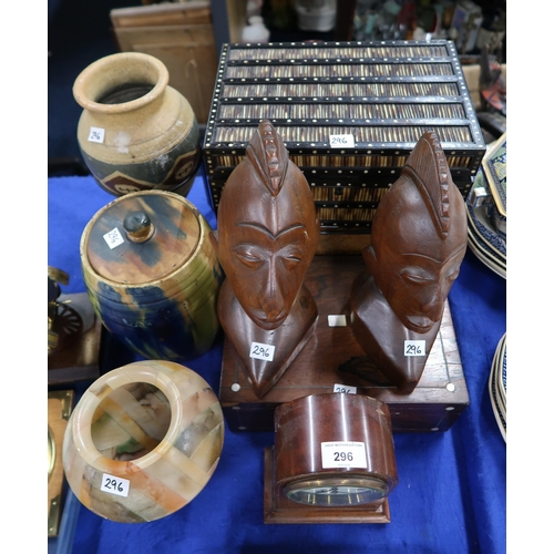 296 - A porcupine quill box, other boxes, a inlaid mantle clock, carved African heads, a Scottish stonewar... 