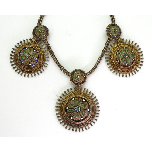 2703 - A SCANDINAVIAN TRADITIONAL NECKLACEmade in gilded white metal (stamped 830) decorated with cloisonne... 