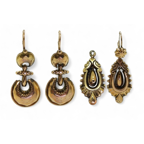 2706 - TWO PAIRS OF VICTORIAN EARRINGSa pair in a double horseshoe pattern, with continental hook clasps, l... 