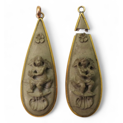 2707 - A PAIR OF LAVA EARRINGSboth carved with cherubs, flowers and shells. Both need some TLC and a pair o... 