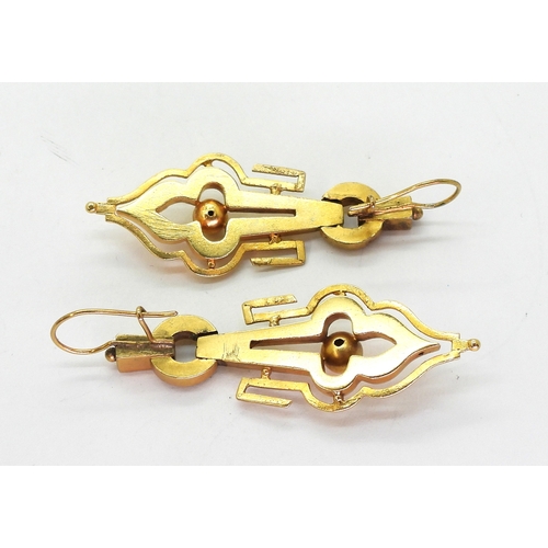 2708 - TWO PAIRS OF VICTORIAN EARRINGSboth made in bright yellow metal. the longer pair with granulation de... 