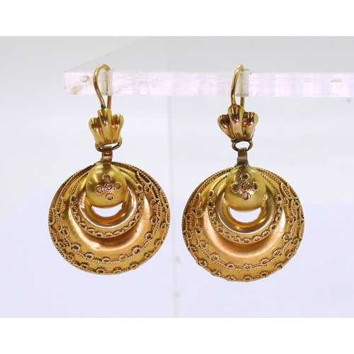 2708 - TWO PAIRS OF VICTORIAN EARRINGSboth made in bright yellow metal. the longer pair with granulation de... 