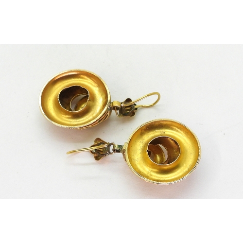 2708 - TWO PAIRS OF VICTORIAN EARRINGSboth made in bright yellow metal. the longer pair with granulation de... 