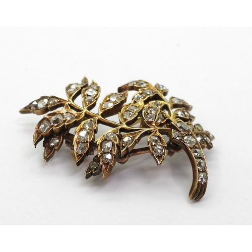 2715 - A DIAMOND BROOCHthe yellow metal leaf frond shape set throughout in old cut diamonds. With an estima... 