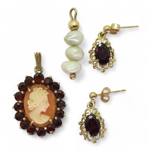 766 - A 9ct gold garnet and cameo pendant, a pair of garnet earrings, and a yellow metal pearl pendant, we... 