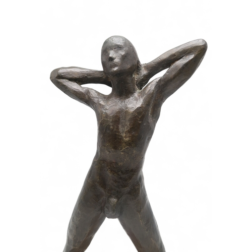 2907 - DAVID CREGEEN (MANX/SCOTTISH CONTEMPORARY)MALE NUDE, HANDS CLASPEDBronze, gold patina, on marble pli... 