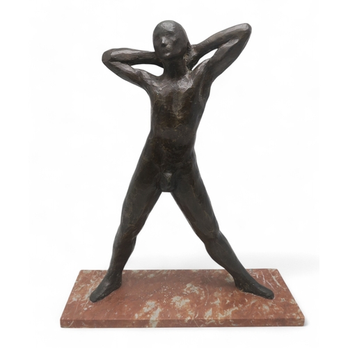 2907 - DAVID CREGEEN (MANX/SCOTTISH CONTEMPORARY)MALE NUDE, HANDS CLASPEDBronze, gold patina, on marble pli... 