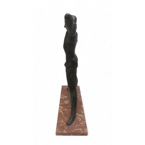 2907 - DAVID CREGEEN (MANX/SCOTTISH CONTEMPORARY)MALE NUDE, HANDS CLASPEDBronze, gold patina, on marble pli... 