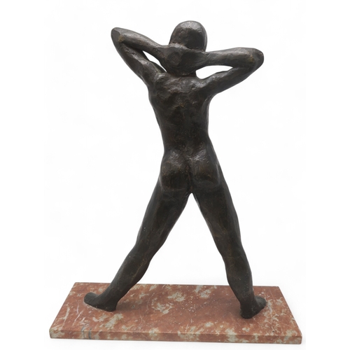 2907 - DAVID CREGEEN (MANX/SCOTTISH CONTEMPORARY)MALE NUDE, HANDS CLASPEDBronze, gold patina, on marble pli... 