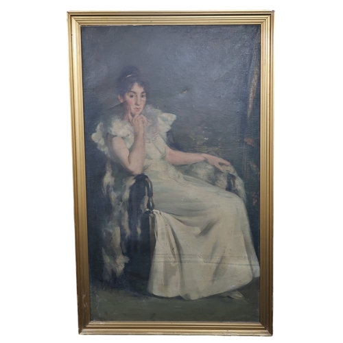 2932 - ATTRIBUTED TO ROBERT BROUGH RA ARSA (SCOTTISH 1872-1905)FULL LENGTH PORTRAIT OF A LADY SEATED IN AN ... 