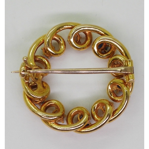 2722 - TWO BROOCHESa bright yellow metal knot shaped brooch, set with old cut diamonds with an estimated ap... 