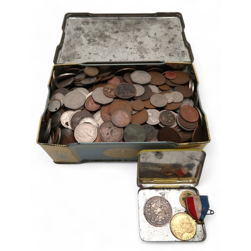 450 - A quantity of GB decimal coins in a tin biscuit box