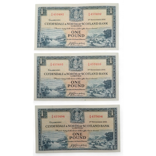 Clydesdale & North of Scotland Bank Limited, £1, 1 November 1956, serial number A/Q457692, A/Q457693, A/Q 457694 with Campbell signature (3)