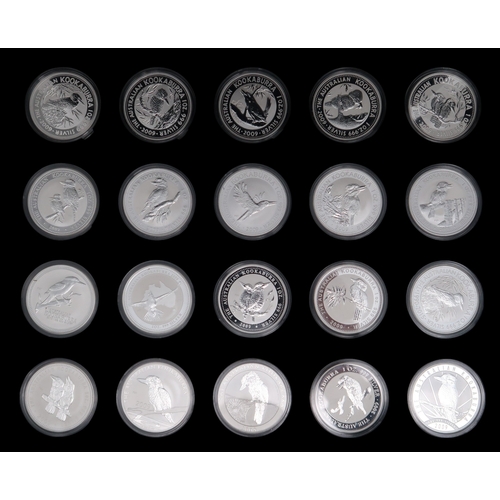 364 - Kookaburra 1 oz silver coins (59) with two Kookaburra collector's cases approximate weight 1600 gram... 