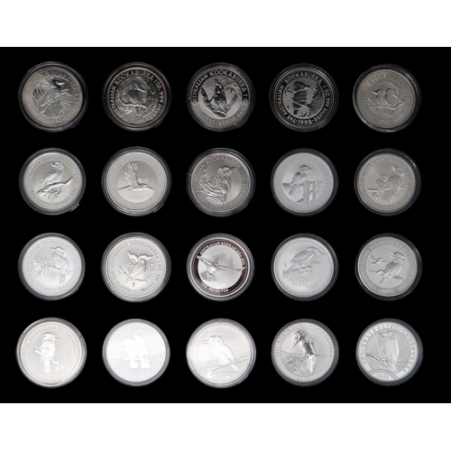 364 - Kookaburra 1 oz silver coins (59) with two Kookaburra collector's cases approximate weight 1600 gram... 