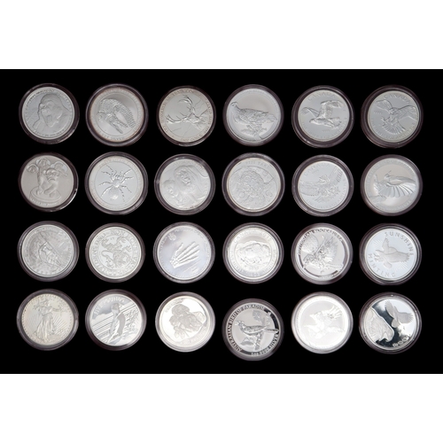 368 - A lot comprising 144 1 oz silver coins various designs in a wood collector's case approximate weight... 