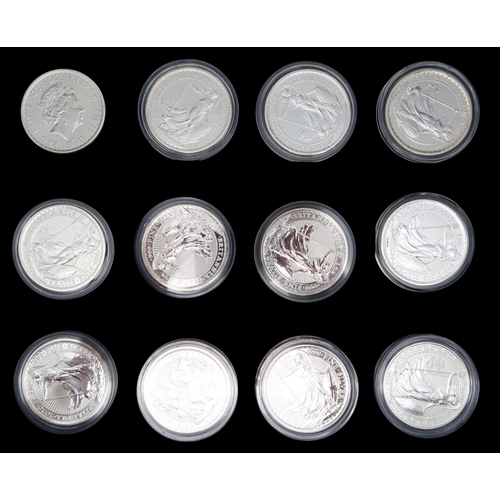 369 - A lot comprising 36 silver 1 oz coins approximate weight 1000 grams in a collector's box