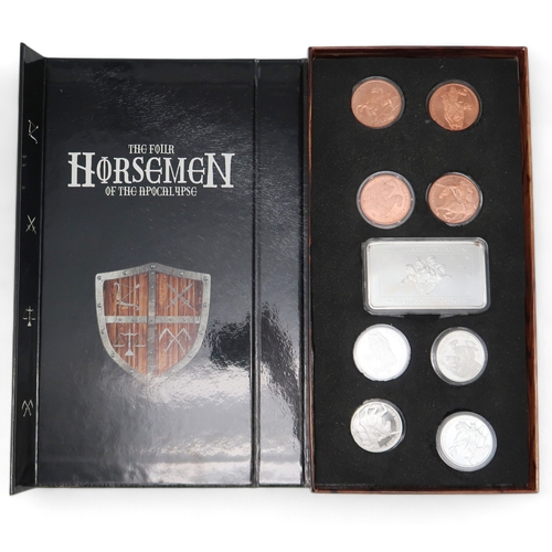 389 - The Four Horsemen Of The Apocalypse 10 ounce silver ingot together with four 1oz silver coins and fo... 