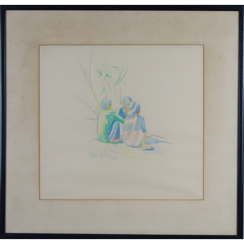 982 - † PETER GRAHAM ROI RSW (SCOTTISH B.1959) SEATED FIGURES, THAILAND Crayon on buff paper, signed lower... 