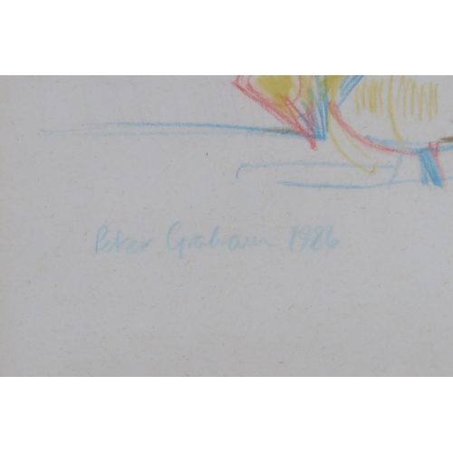 982 - † PETER GRAHAM ROI RSW (SCOTTISH B.1959) SEATED FIGURES, THAILAND Crayon on buff paper, signed lower... 