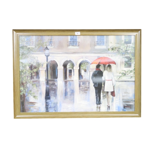 16 - A frame print depicting a continental city scene in the rain