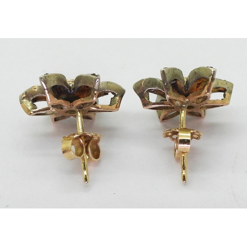 718 - A pair of continental yellow and white metal emerald and rose cut diamond flower earrings, together ... 