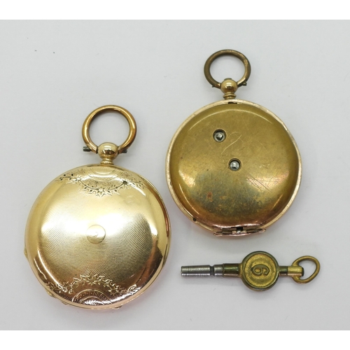 730 - Two yellow metal fob watches both (af) weight together 65.6gms