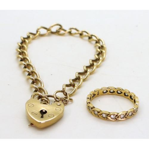 751 - A 9ct gold curb chain bracelet with a heart shaped clasp, length 17cm, weight 7.3gms, together with ... 