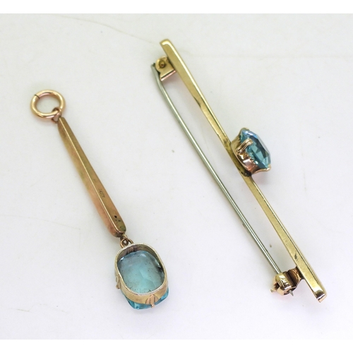 759 - A 9ct gold brooch and matching pendant, both set with aqua coloured glass gems, weight combined 3.6g... 