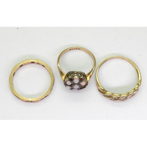 789 - A 9ct gold twist pattern ring set with diamond accents, size P1/2, a 9ct clear gem set eternity ring... 