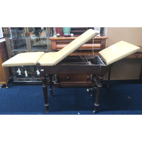 80 - A late 19th/early 20th century mahogany framed adjustable doctors examination table with leather uph... 