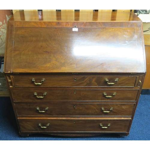 81 - A 19th century mahogany writing bureau with fall front writing compartment over four long drawers on... 