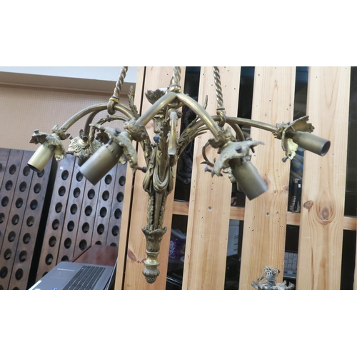 83 - A lot comprising a large drop 19th century six branch brass chandelier with scrolled foliate decorat... 