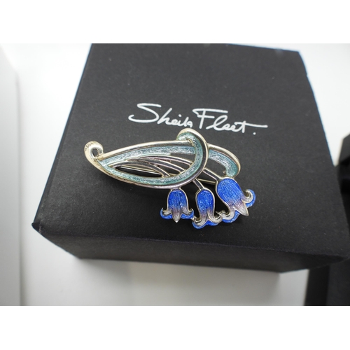 876 - A silver Sheila Fleet Bluebells brooch, a Vintage Ortak enamelled Mushroom brooch, a Carnation Ola G... 