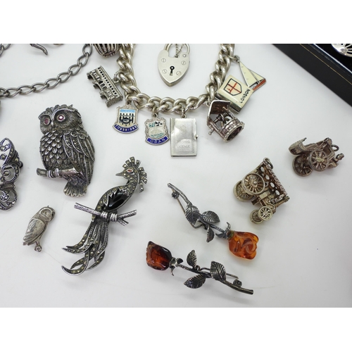 879 - A collection of silver and marcasite brooches to include an owl and a rooster, two silver charm brac... 