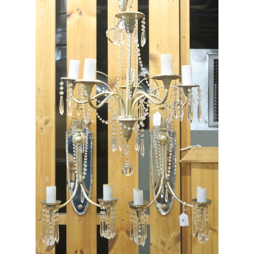 88 -  A lot comprising a contemporary brass five branch chandelier with moulded glass drops, 54cm dr... 